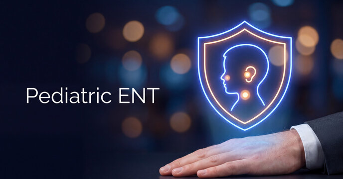Pediatric ent healthcare concept featuring glowing neon medical icons shield and professional hand gesture over dark background
