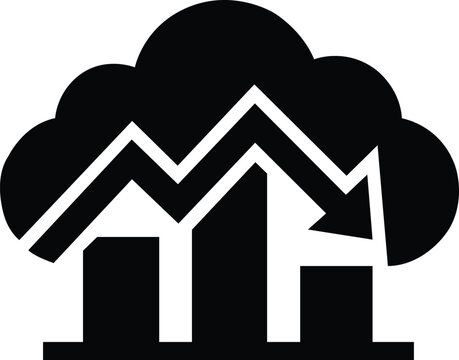 Cloud analytics decline bar chart icon. featuring cloud storage, decreasing graph, downward trend arrow, loss report, and performance drop in black flat design vector.