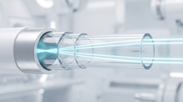 Fiber optic cable showing light beams through glass conduits for high speed data transmission and telecommunications infrastructure.
