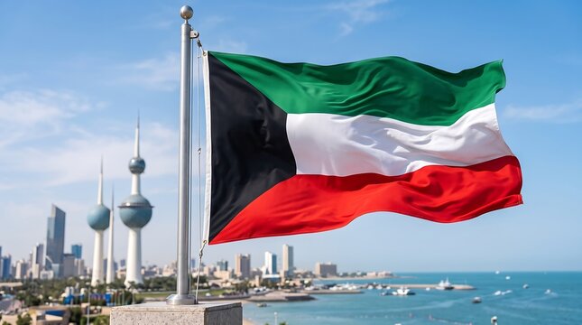 Kuwait flag waving against the Kuwait Towers and city skyline