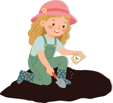 Simple vector illustration of young girl kneeling on the ground while using a small shovel to plant seeds in the soil in a garden setting, vector isolated on white