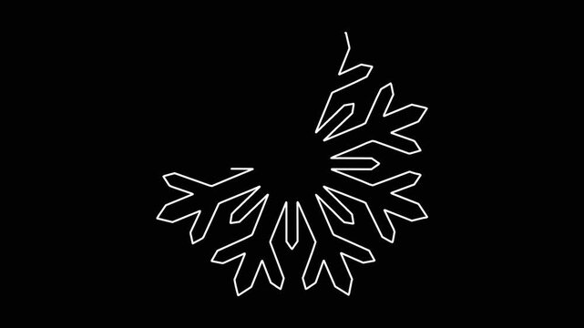 Minimalist white snowflake line animation expanding and contracting on solid black background simple vector winter graphic.