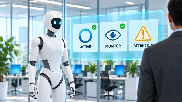 Humanoid robot in an office with active and monitor panels