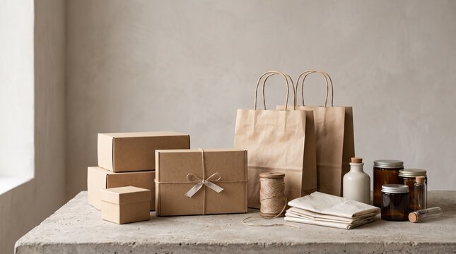 Cardboard boxes and paper bags on a table for small business packaging