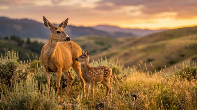 mule deer with fawn close up at sunset light in grand teton national park wyoming video
