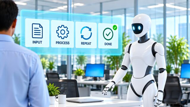 Humanoid robot in an office with process and done panels