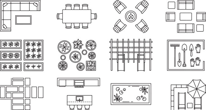 Landscape design plan view icon set featuring patio furniture potted plants outdoor kitchen fire pit garden tools line vector illustrations