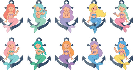 Obraz premium Cute Cartoon Mermaid Vector Character Set Sitting on Nautical Ship Anchors with Colorful Hair and Fish Tails for Fantasy Ocean Designs