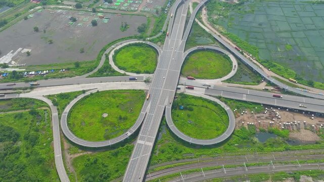 drone shot of JNPT Highway Cloverleaf Interchange,
JNPT Highway Road Junction