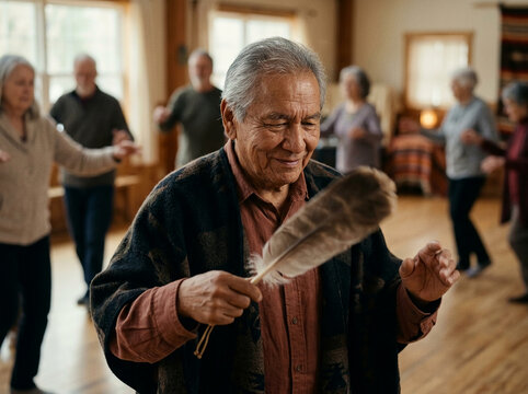 Elderly Indigenous Man Holding a Feather during a Community Cultural Dance Ceremony with Senior People Practicing Traditional Movements in a Hall