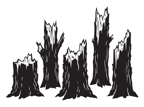 Set of black silhouettes of weathered broken tree stumps with broken trees silhouette set nature design weathered wood dead trees forest elements stump collection woodland