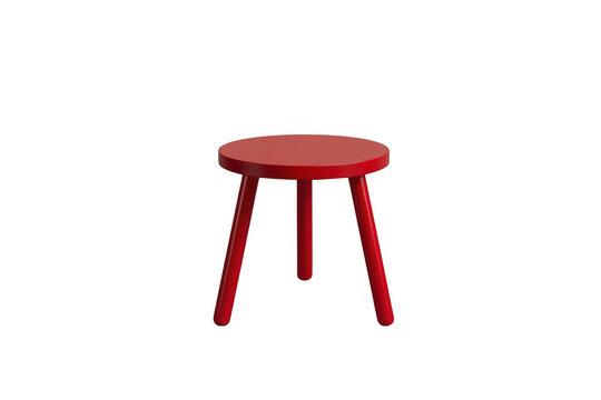 Red three legged wooden stool front view