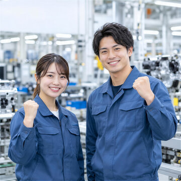 組立工場でそろってガッツポーズをする作業服の男女