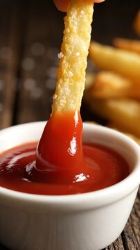 Macro shot of a single crispy french fry dipping into a small dish of red tomato ketchup
