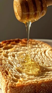 Rich golden honey drizzling slowly from a wooden dipper over a slice of toasted sourdough bread
