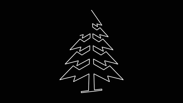 Minimalist christmas tree drawing animation appearing with clean white line stroke on solid black background simple art.