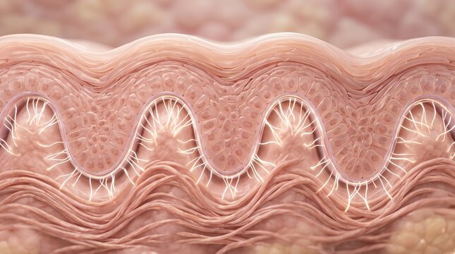 Cross section 3D scientific illustration of skin layer epidermis dermis and glowing collagen fibers