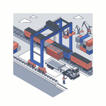 Professional Isometric of a Busy Intermodal Container Terminal with Blue Crane Red and Black Shipping Containers Trucks Trains and Workers