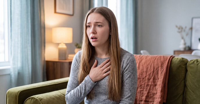 Stressed young woman experiencing severe chest pain and breathing difficulty while sitting indoors