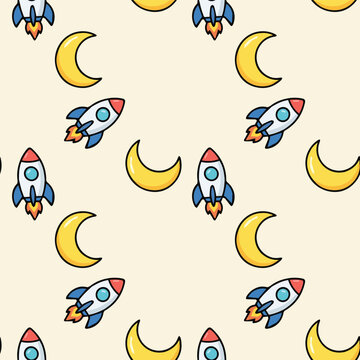 Seamless Cartoon Rocket and Moon Space Pattern, Kids Nursery Illustration