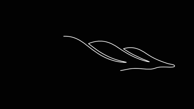 Minimalist mountain range drawing appearing as continuous line animation isolated on black background for graphic design.