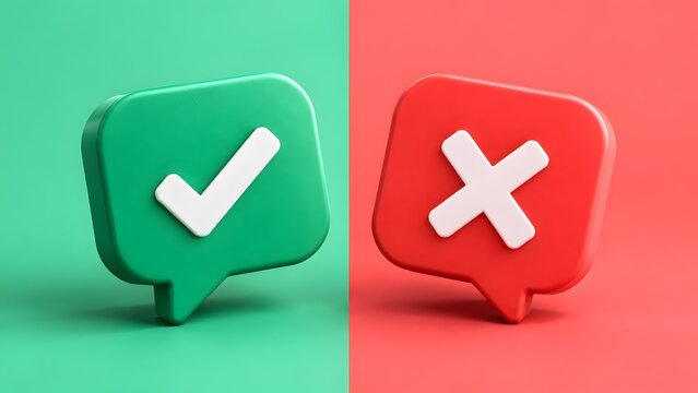 Green checkmark and red cross speech bubbles representing pros and cons debate or positive and negative customer feedback