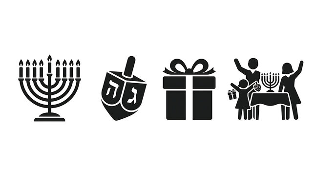 Hanukkah symbols including menorah dreidel gift and family celebration during winter holiday season