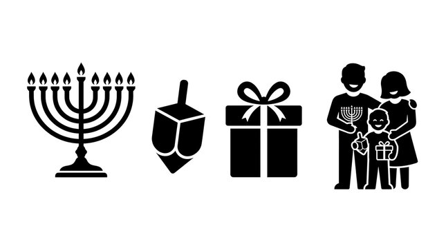 Hanukkah symbols menorah dreidel gift box and family celebrating traditions with joy