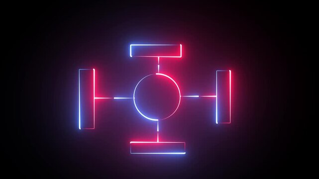 Glowing Neon Red and Blue Circle Diagram with Four Connected Rectangles on Dark Background, Futuristic Network Hub Concept Illustration