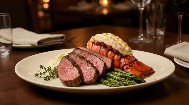 Roasted beef tenderloin slices with green asparagus on a dinner plate at a restaurant table. lobster tail and steak