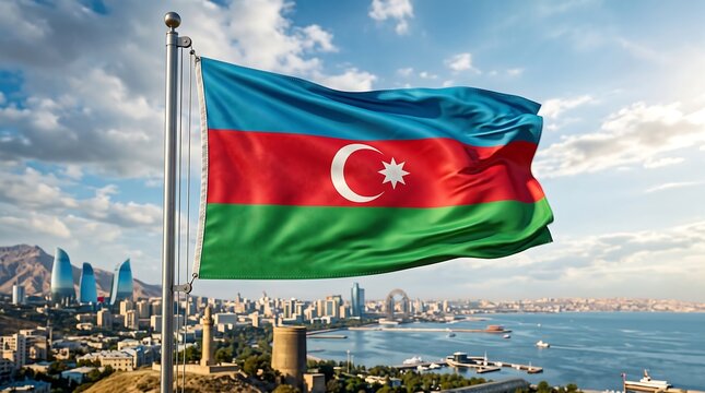 Azerbaijan flag waving over Baku city skyline with blue sky and clouds