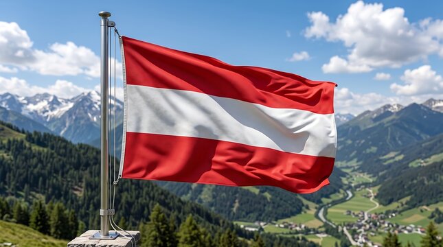 Austrian flag waving against a scenic Alpine mountain landscape background