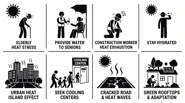 Extreme heat wave safety stick figure pictogram icon set for sunstroke prevention and climate adaptation vector