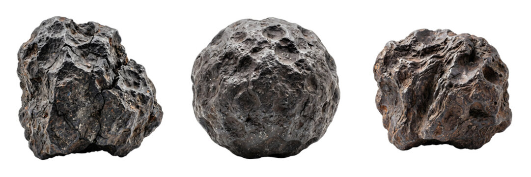 Three iron meteorites with fusion crust isolated on transparent background