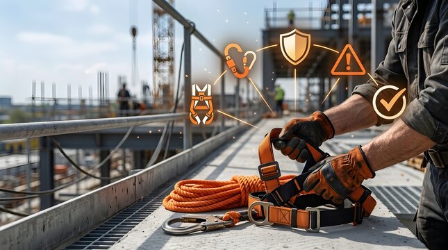 Construction worker checking safety harness equipment on building site
