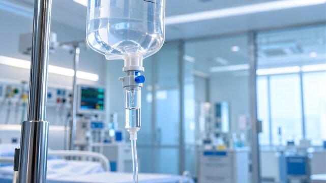 Transparent intravenous saline drip chamber in modern clean medical clinic interior
