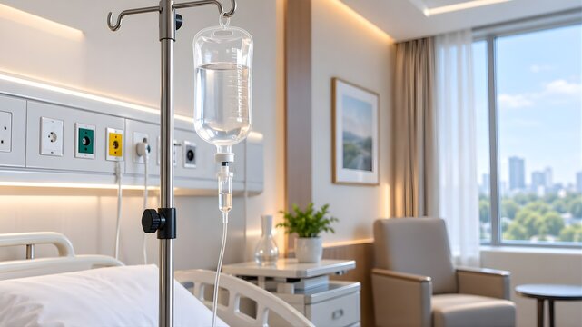 Intravenous fluid saline bag hanging on metal pole inside cozy modern hospital suite
