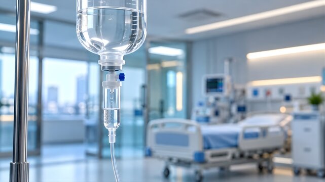Detailed view of transparent medical drip chamber and saline solution bag in clinic
