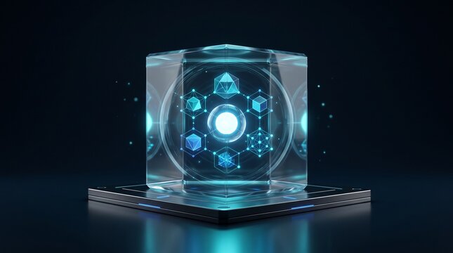 Transparent glass cube displaying glowing digital geometric blockchain nodes on podium representing decentralized data security concept