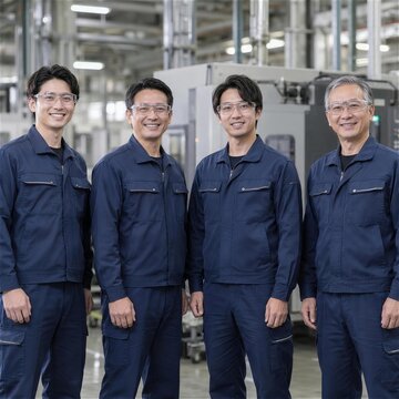 大型の生産設備を背景に並ぶ紺色の作業服の男性4人