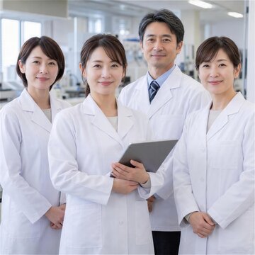 検査設備の前でタブレットを抱える白衣の男女4人