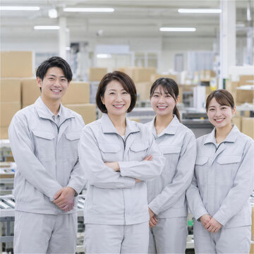 段ボールが並ぶ搬送ラインの前でポーズをとる作業服の男女4人