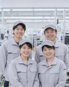 組立工場で並ぶ帽子とグレーの作業服の男女4人