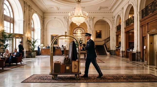 Professional bellhop pushing a luggage cart in a luxury hotel lobby