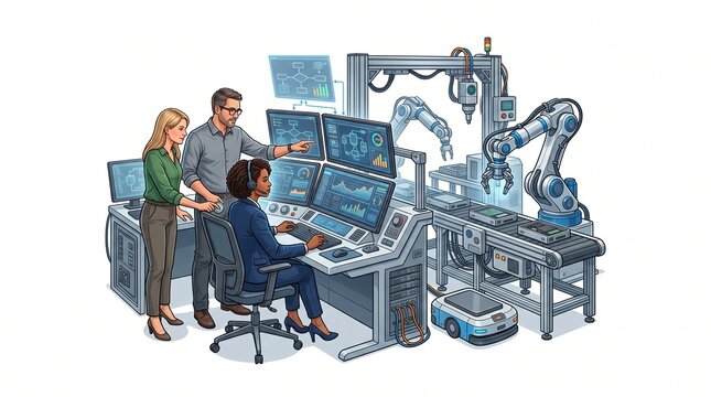 Diverse team of engineers collaborating on advanced robotics and automation in a modern factory control room with multiple monitors and robotic arms