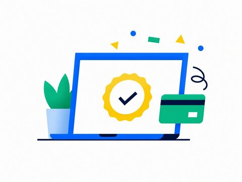 Online payment confirmation with credit card and plant on laptop screen