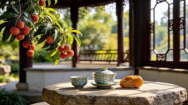 Chinese garden pavilion with tea set and litchi fruits