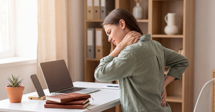 Stressed young woman sitting at white office desk touching sore neck experiencing severe back pain during work