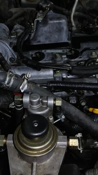 A close-up shot of a car's diesel fuel filter assembly with a manual priming pump, positioned inside the complex engine bay.