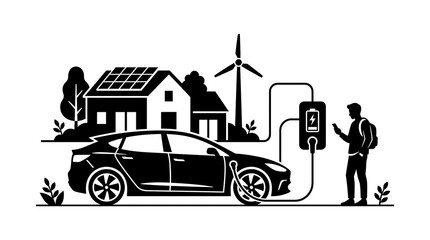 Obraz premium Electric car charging at home with solar panels and wind turbine during renewable energy transition